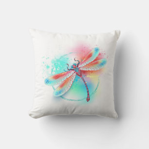 Coussin Dragonfly rouge sur l'arrière - plan aquarelle