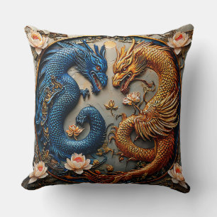 Coussin Dragons Bleus et Dorés dans un Design Yin Yang