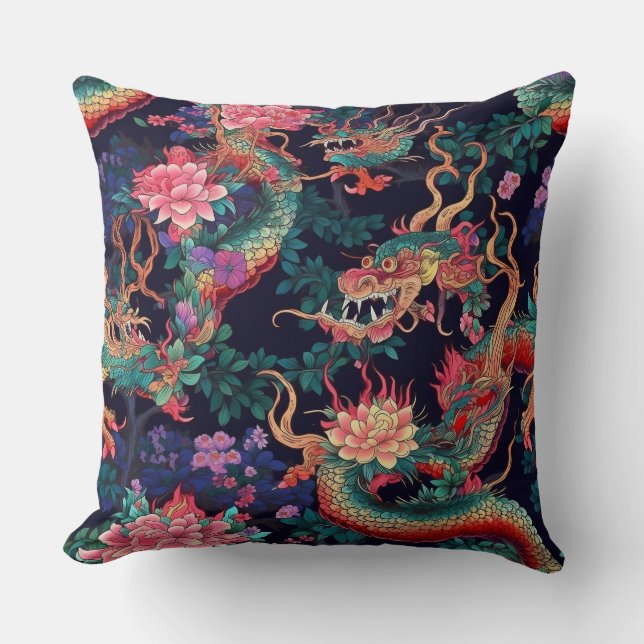 Coussin Dragons et fleurs de néon (Recto)