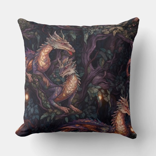 Coussin Dragons pourpres perchés dans les arbres (Recto)