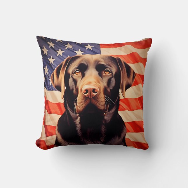 Coussin Drapeau américain Chocolat Labrador (Recto)