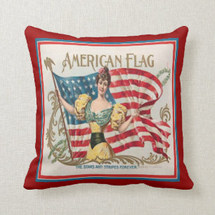 Coussin Drapeau américain d'étiquette vintage de boîte 