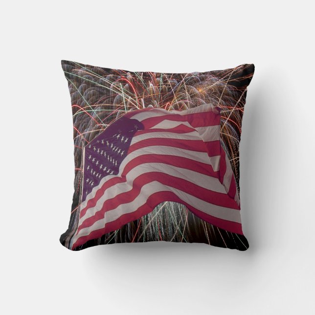 Coussin Drapeau américain et feux d'artifice (Recto)