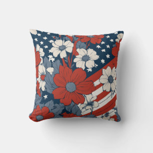 Coussin Drapeau américain et fleurs pastel atténués