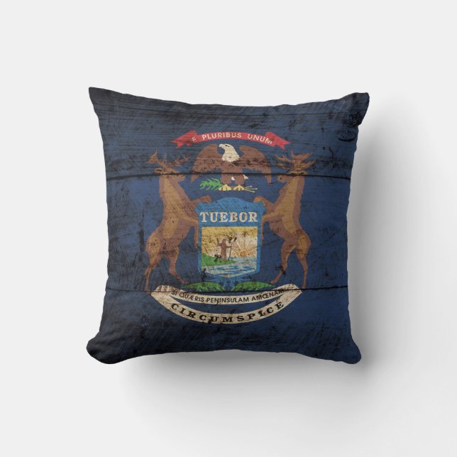 Coussin Drapeau d'État du Michigan sur le vieux grain en (Recto)
