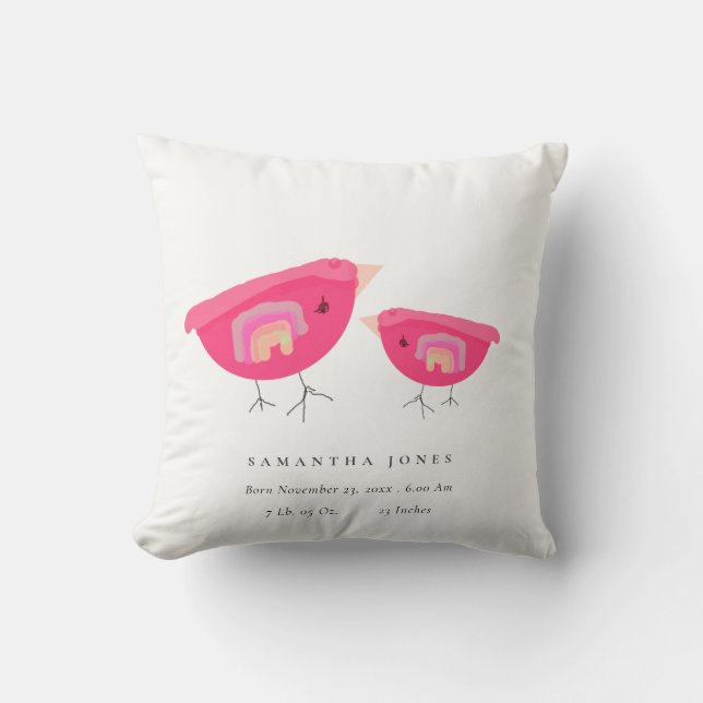 Coussin Drawn Rainbow Pink Birdy Baby Birth Stat (Recto)