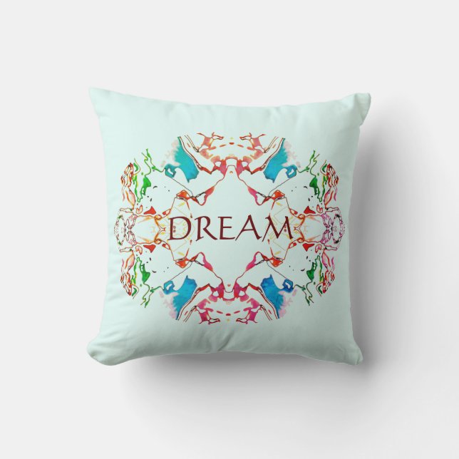Coussin "Dream" Rouge Bleu Vert Bourgogne Mandala sur Aqua (Recto)
