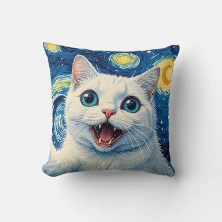 Coussin Dreamy Moonlight Starry Night White Cat Pillow