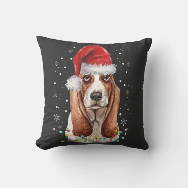 Coussin Drôle Basset Hound Chien Noël santa chapeau Lumièr (Recto)