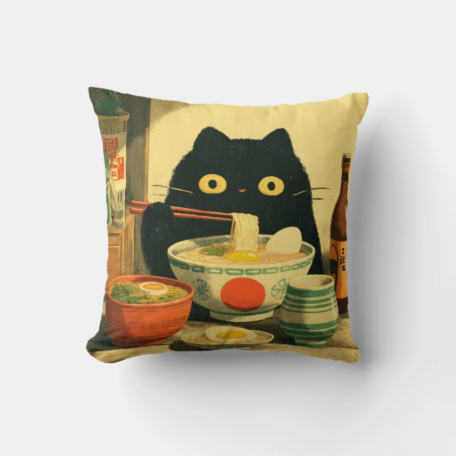 Coussin Drôle chat noir manger Ramen (Recto)