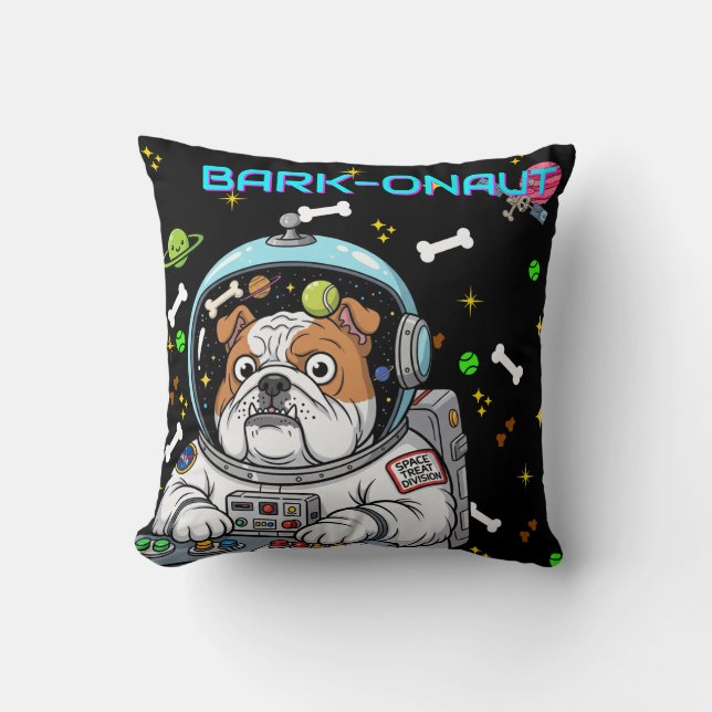 Coussin Drôle Chien de l'espace "Barkonaut" de Bulldog, Am (Recto)