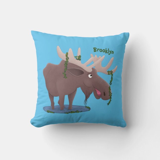 Coussin Drôle dessin animé d'orignal heureux (Recto)