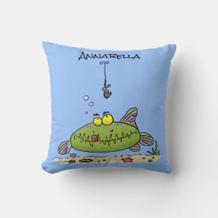 Coussin Drôle gras affamé poisson vert dessin de pêche