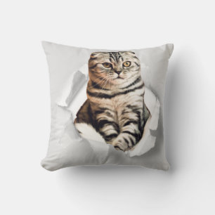 Coussin Drôle Gray Cat Popping à travers l'illusion du pap