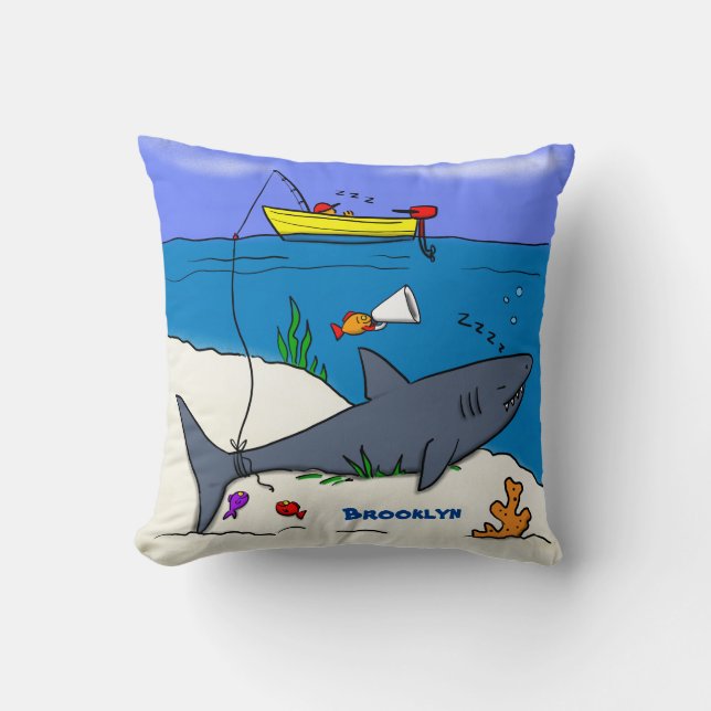 Coussin Drôle requin couché et dessin animé de pêche (Recto)