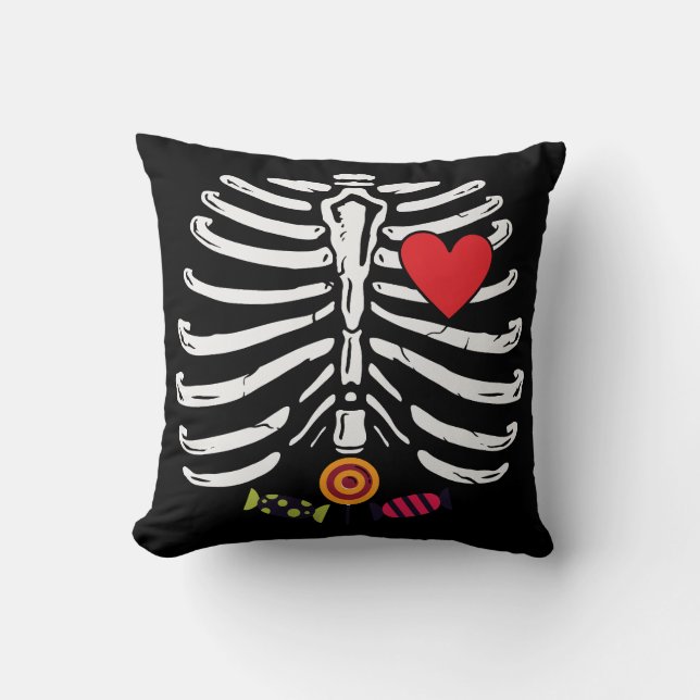Coussin Drôle Squelette Halloween Coeurs Candies (Recto)