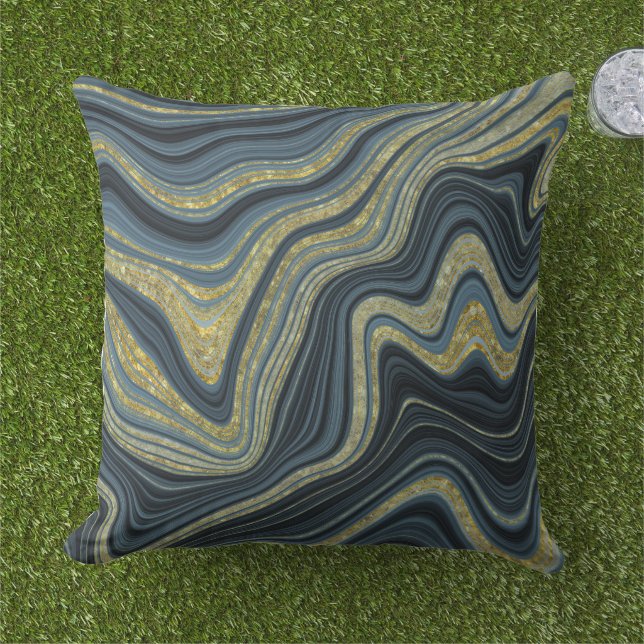 Coussin Dusty bleu noir et or marbre look Motif (Herbe)