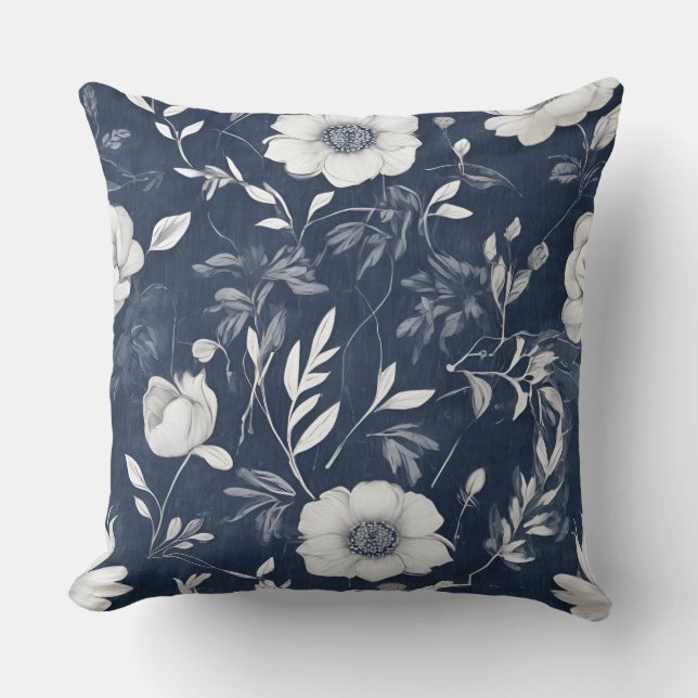 Coussin Dusty Blue Navy Blue White Floral (Recto)
