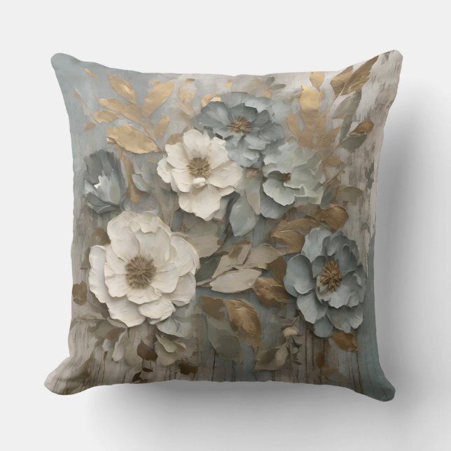 Coussin Dusty Blue Sage Gold Cream Farmhouse Floral (Recto)