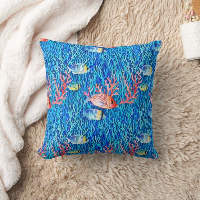 Coussin Eau bleue, poisson et corail Océanique (Couverture)