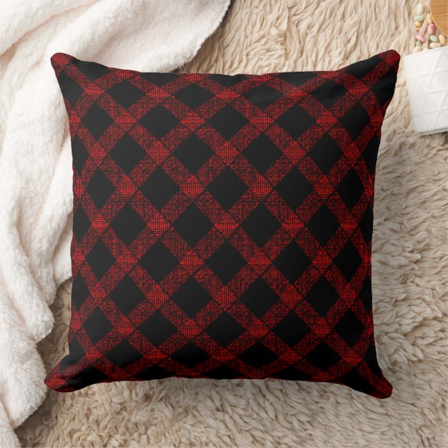 Coussin Échecs rustiques noirs et rouges forts aux lignes  (Couverture)