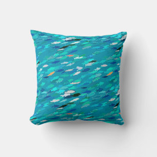 Coussin École de Poissons, Turquoise, Bleu et Aqua