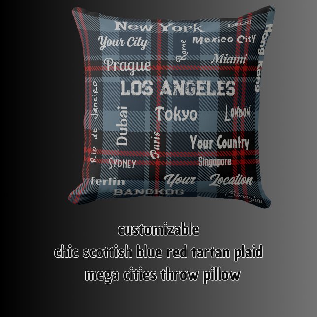 Coussin écossais chic bleu rouge tartan plaid & méga ville (chic scottish blue red tartan plaid & mega cities throw pillow)