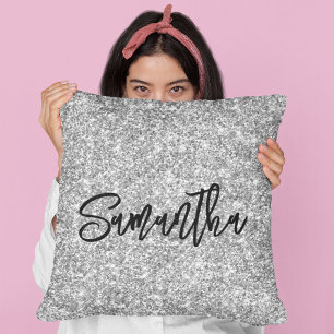 Coussin Écriture Pinceau Noir Paillettes Argentées