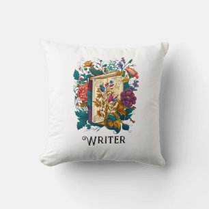 Coussin Écrivain de style victorien, livre & fleurs