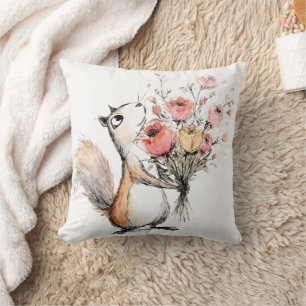 Coussin Écureuil mignon avec bouquet de fleurs
