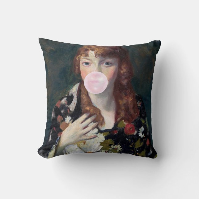 Coussin Edna soufflant une bulle rose gomme (Recto)