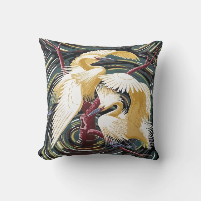 Coussin Egrets - Repro de conception de tissu à écorce Vin (Recto)