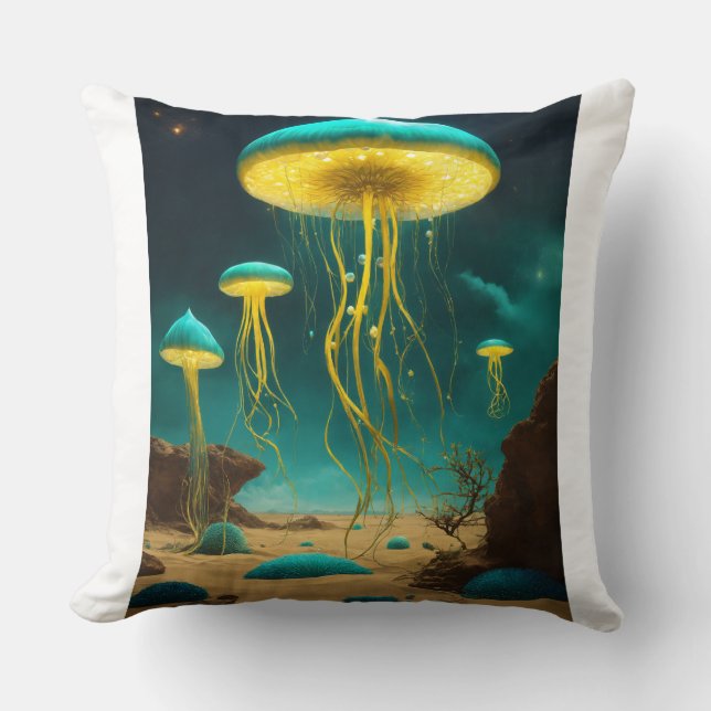 Coussin "Élégance lumineuse : méduse sur noir pâle" (Recto)