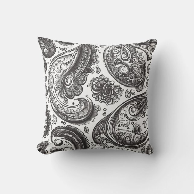 Coussin Élégance noir et blanc Paisley (Recto)
