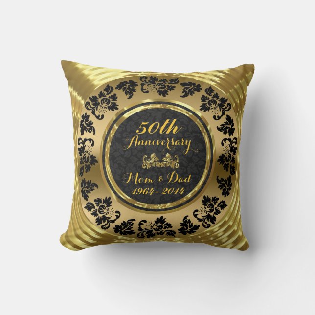 Coussin Élégant 50e anniversaire de Mariage Black & Gold (Recto)