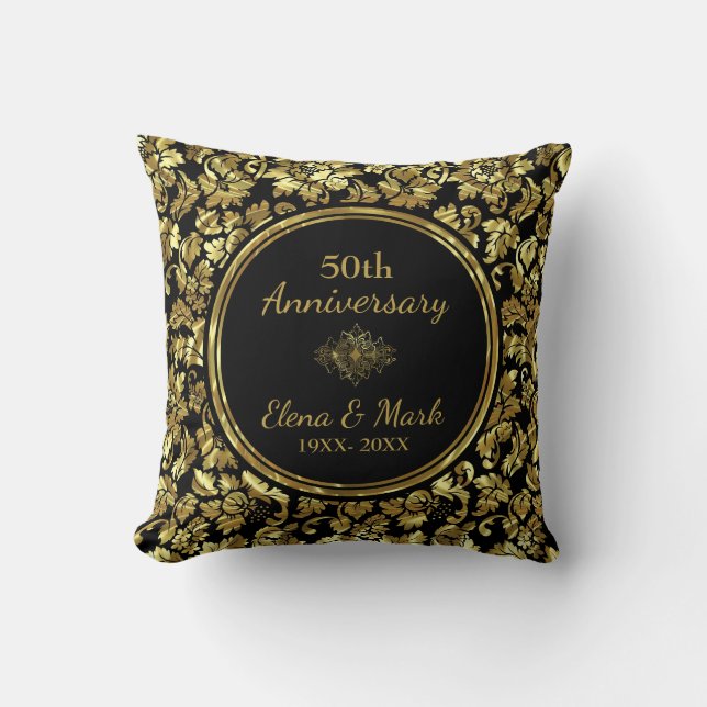 Coussin Élégant 50e anniversaire de Mariage Black & Gold (Recto)