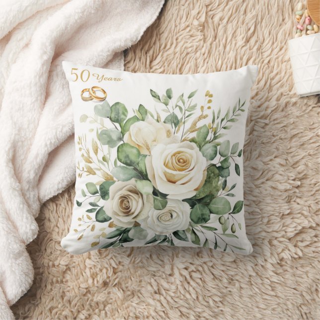 Coussin Élégant 50e anniversaire Roses blanches Bagues or (Couverture)