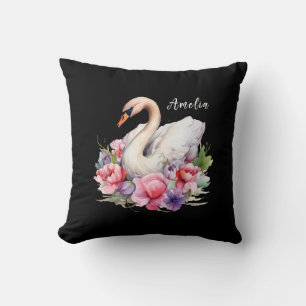 Coussin Élégant Aquarelle Floral Fille Cygne Noir nom