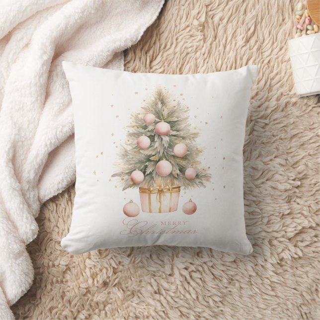 Coussin Elégant Aquarelle rose doux Joyeux Arbre de Noël (Couverture)