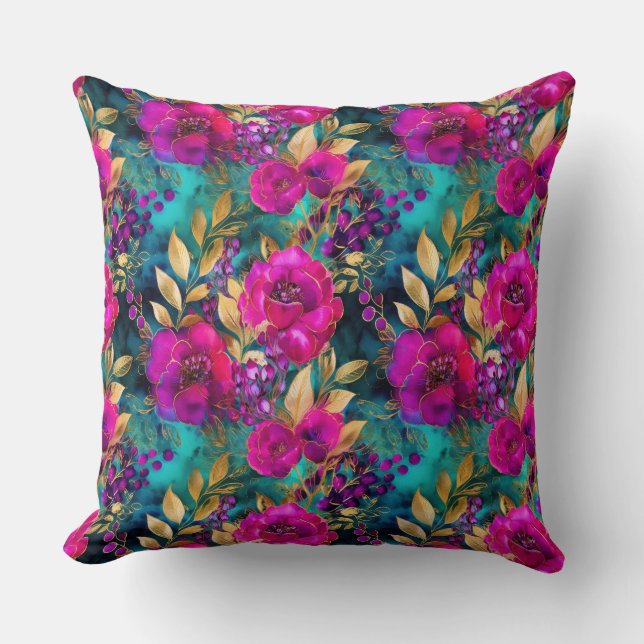 Coussin Elégant Aquarelle violet et Turquoise Fleurs Motif (Recto)