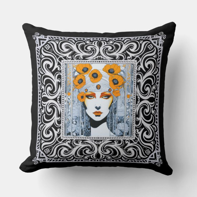 Coussin Elégant Art Déco Floral Orange D'Une Belle Dame (Recto)