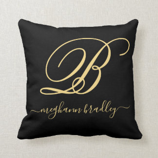 Coussin Élégant Black Gold Nom personnalisé Monogramme