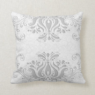 Coussin Elégant blanc & gris clair Vintage Damas & dentell