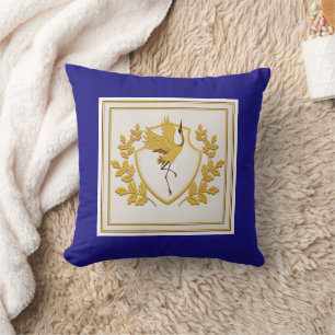 Coussin Élégant blason de grue royale bleue et or