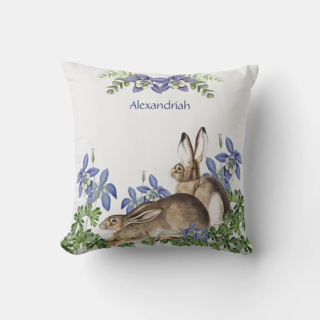 Coussin Elégant bleu Floral Rabbit Aquarelle Mignonne Lapi (Recto)
