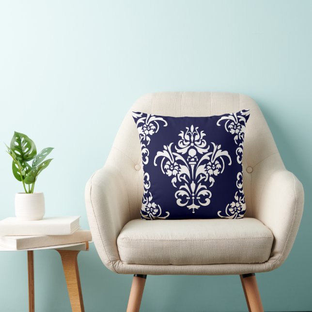 Coussin Elégant bleu marine et blanc Damas (Chaise)