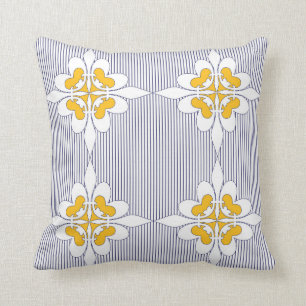 Coussin Elégant, bleu marine, rayures, jaune moutarde, bl