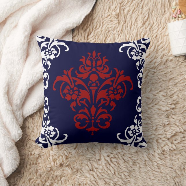 Coussin Elégant bleu marine rouge et blanc Damas (Couverture)
