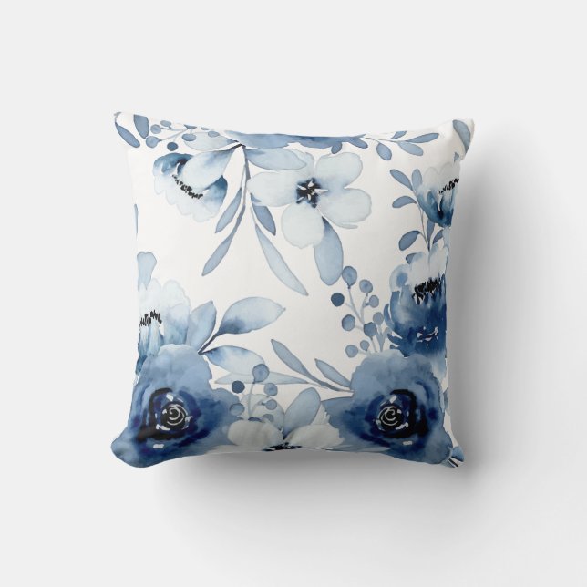 Coussin Elégant bleu orageux aquarelle florale (Recto)