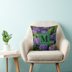 Coussin Elégant bleu violet magenta vert hydrangée florale